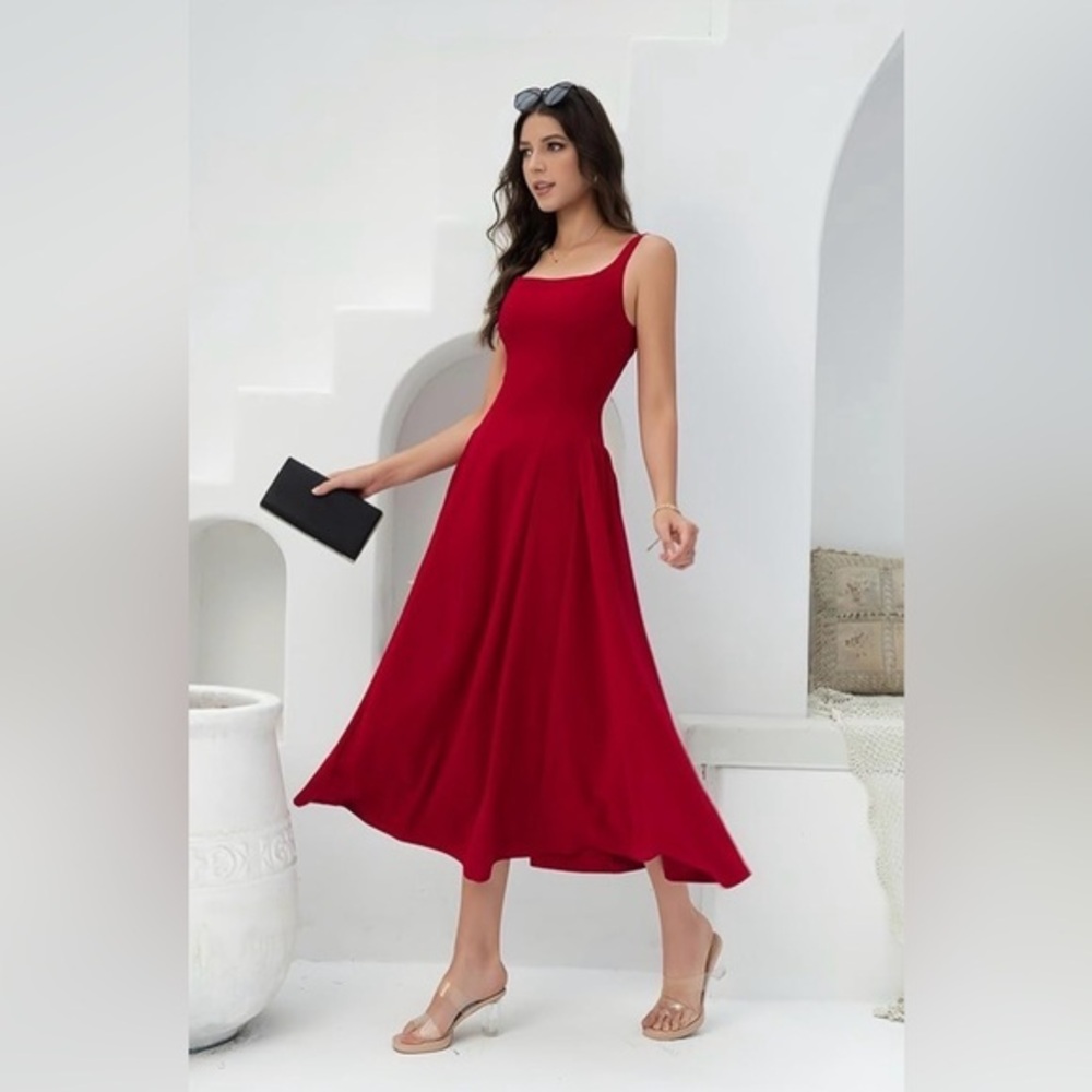NWT Orquweh deep red square neck dress size small